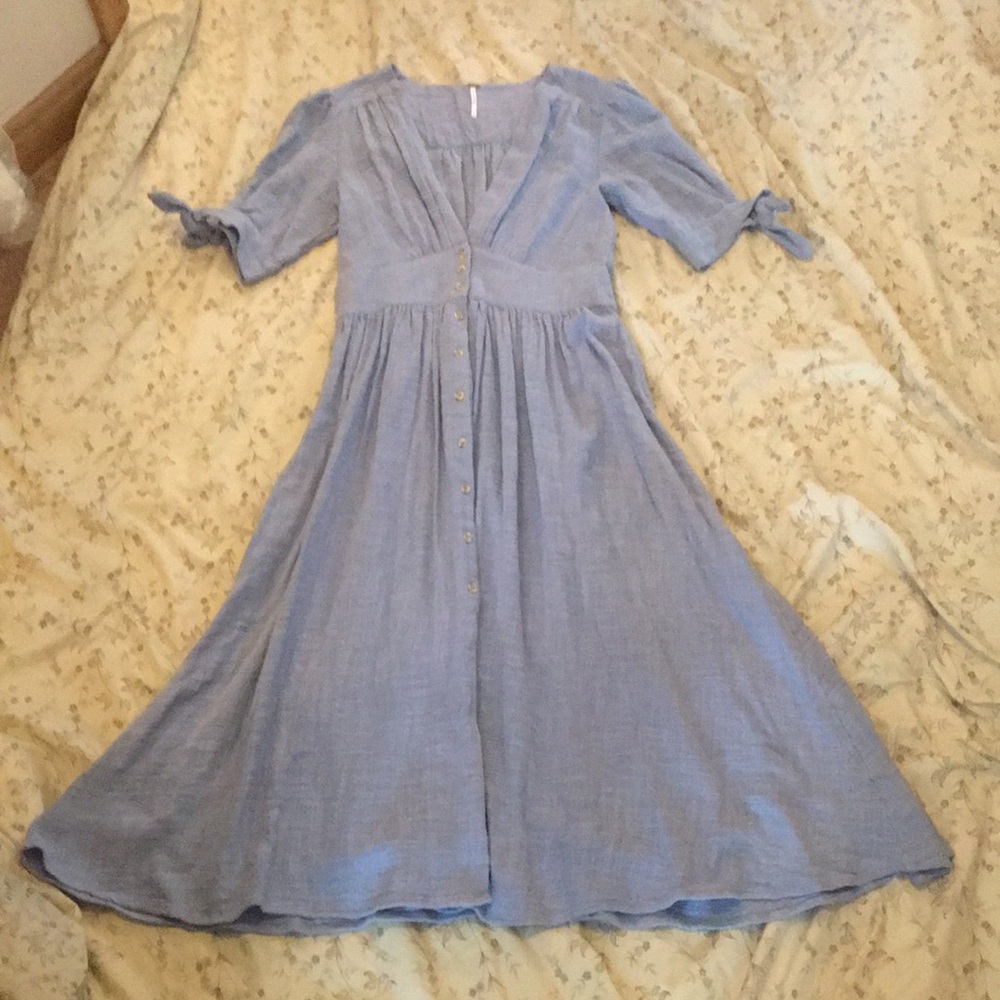 Free People Blue Pleated A-line Sundress with Puff Sleeves